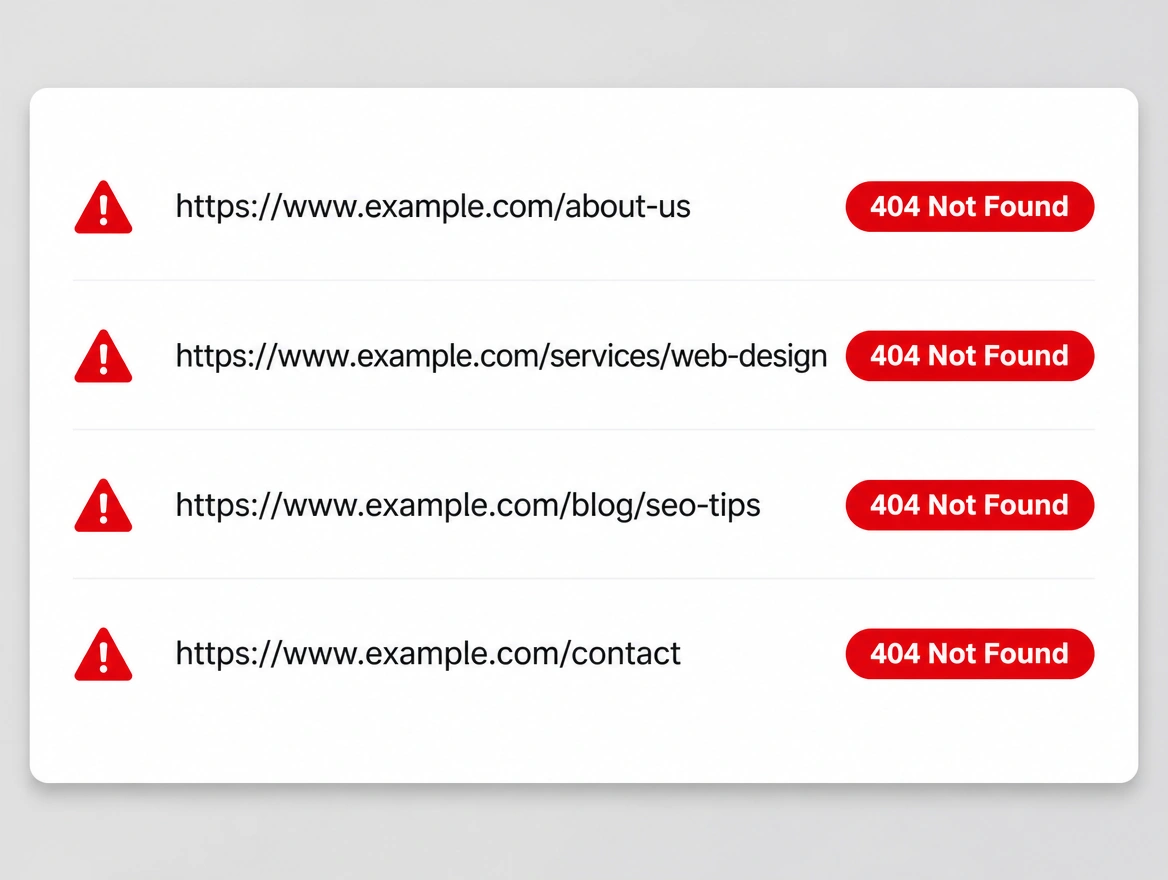 A broken links report where every old page address is marked 404 not found in red