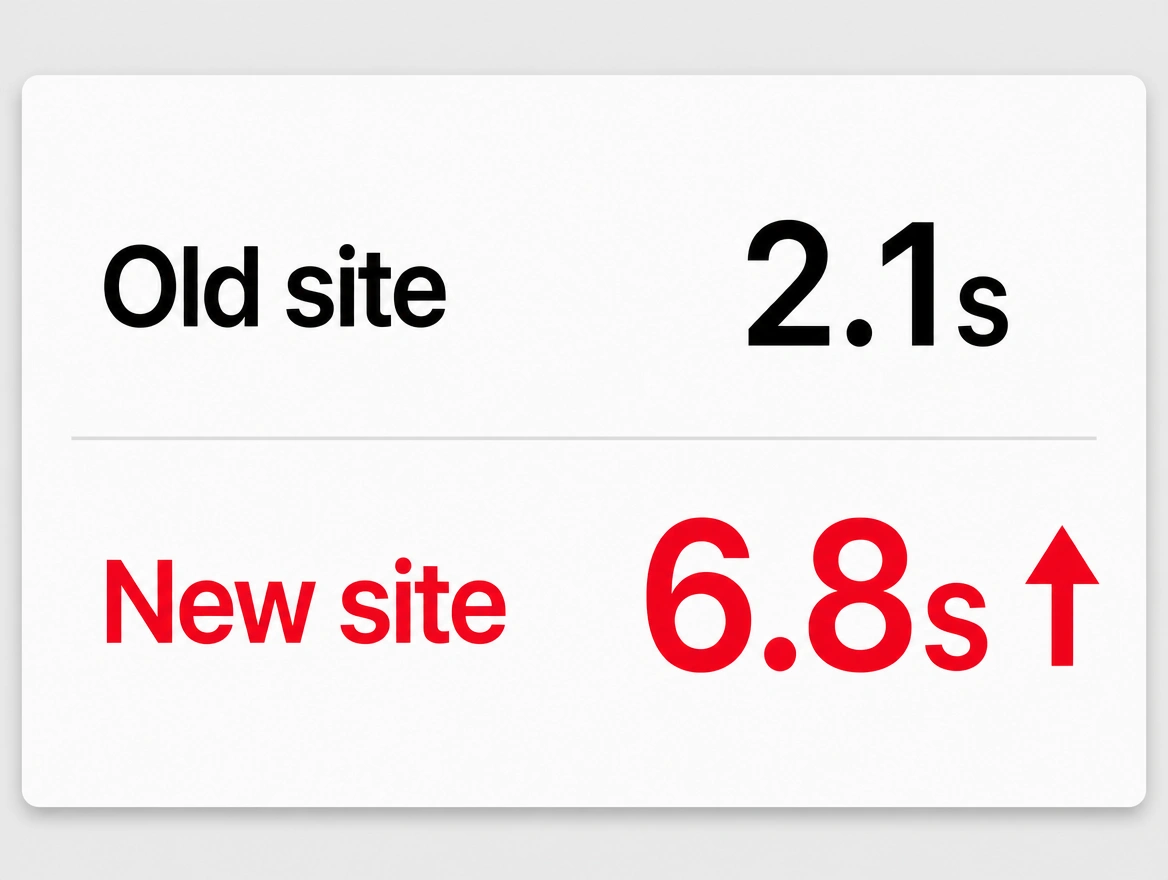 A load time comparison where the new site takes 6.8 seconds against the old site at 2.1