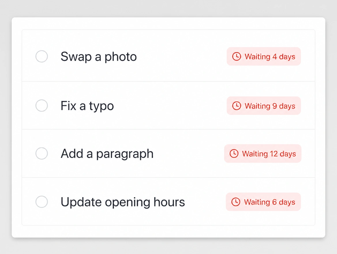 A queue of small website text changes, every one still marked waiting in red