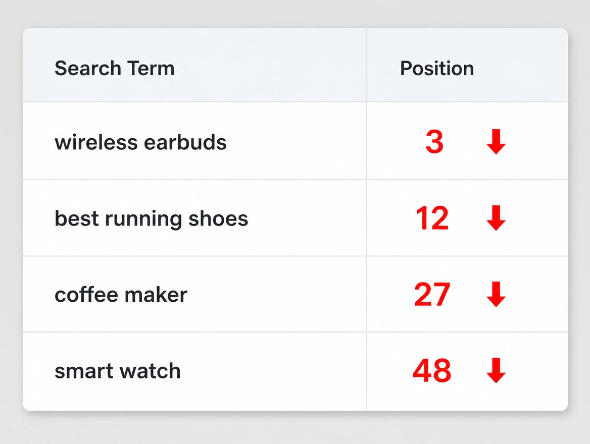 A search position table where every term has slipped down the results, marked in red