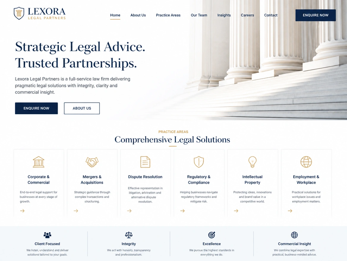 A corporate law firm website homepage with practice area cards and a contact button