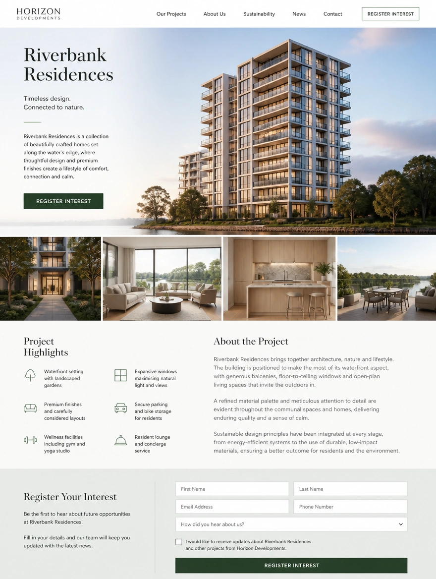 A property developer website project page with a gallery and a register interest button