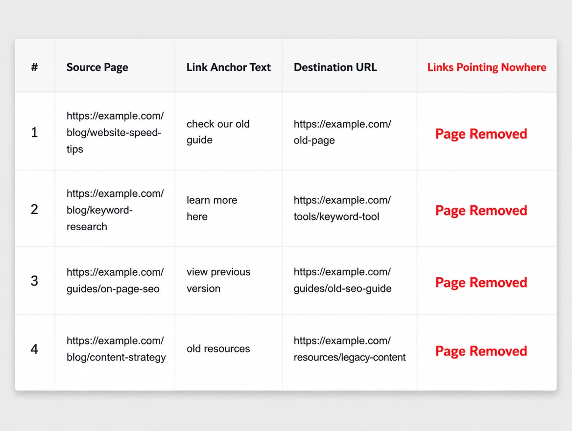 A link report where every destination reads page removed in red