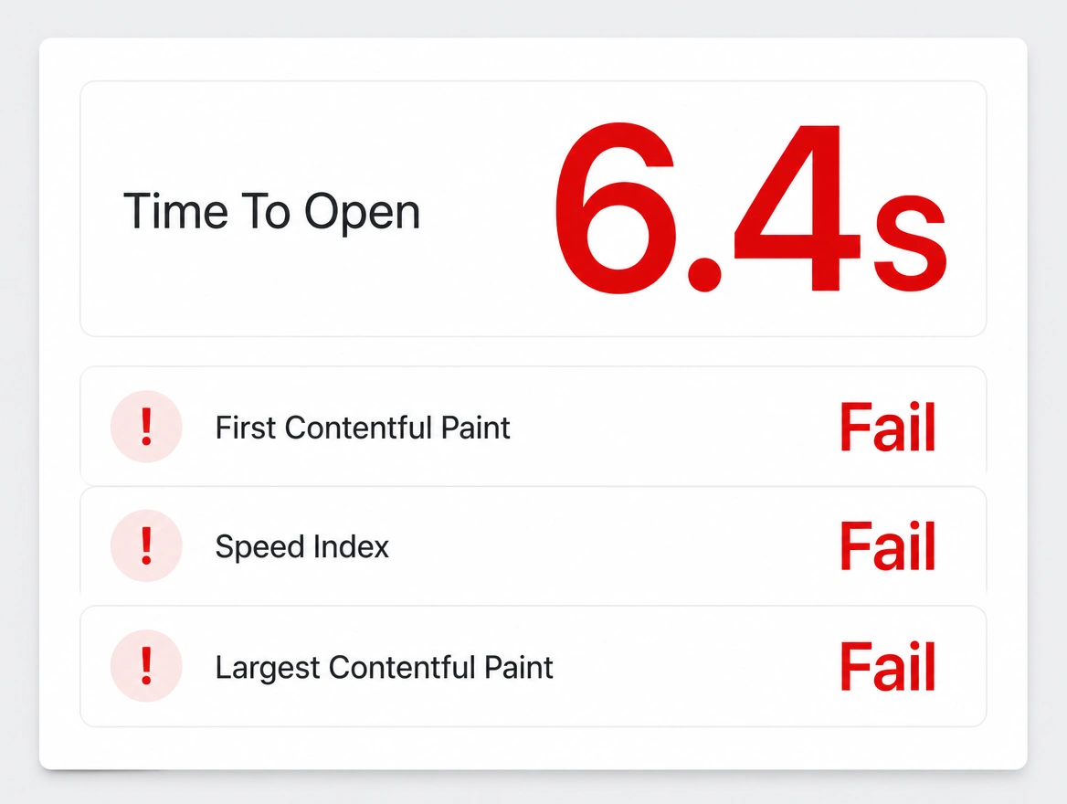 A mobile speed report showing 6.4 seconds to open, marked fail in red