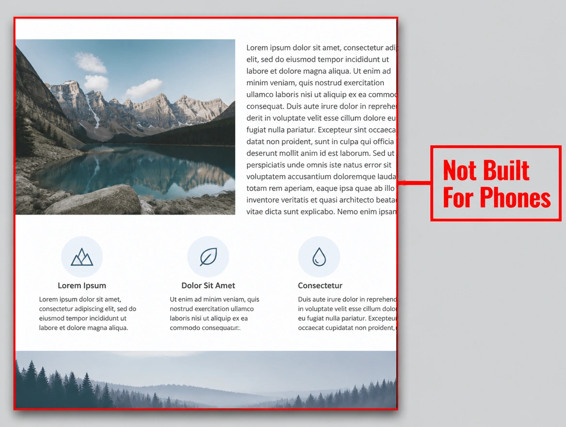 A desktop website layout at phone width with body text running past the edge