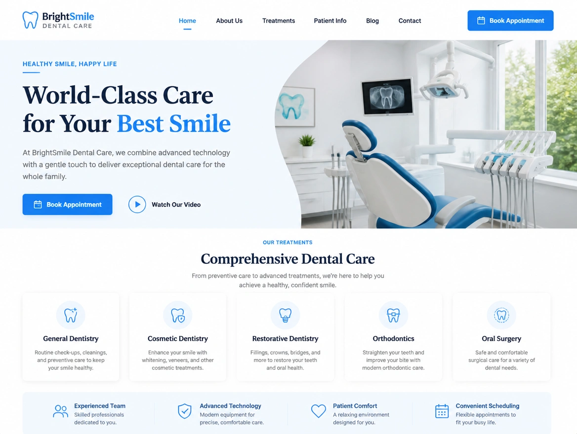 A dental clinic website homepage rebuilt with a book appointment button