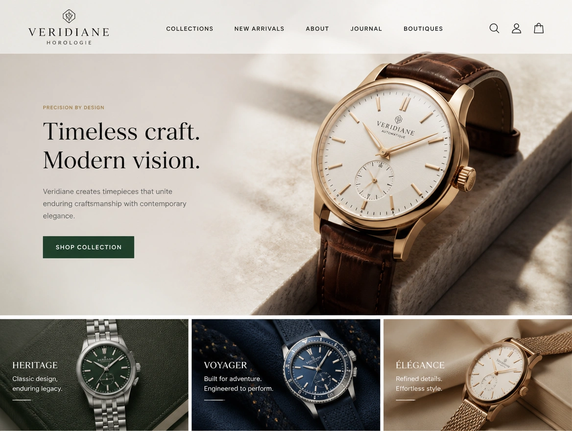 A luxury watch brand website homepage rebuilt around its product photography