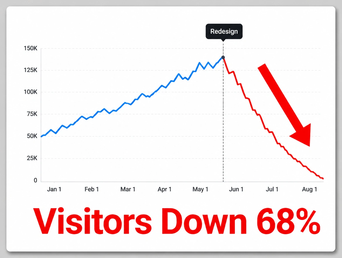 A website traffic chart falling steeply in red after a redesign marker