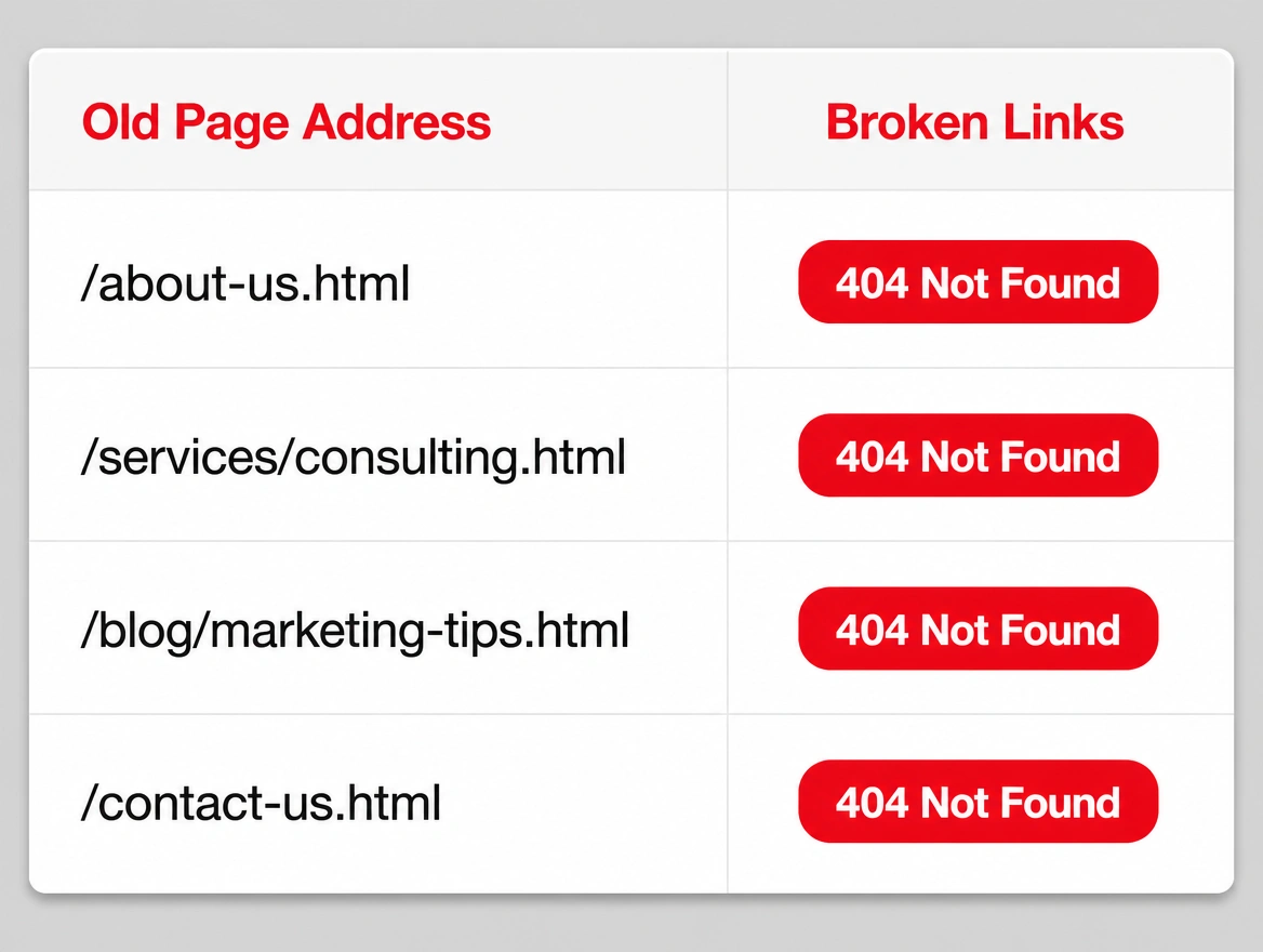 A list of old page addresses every one stamped 404 not found in red