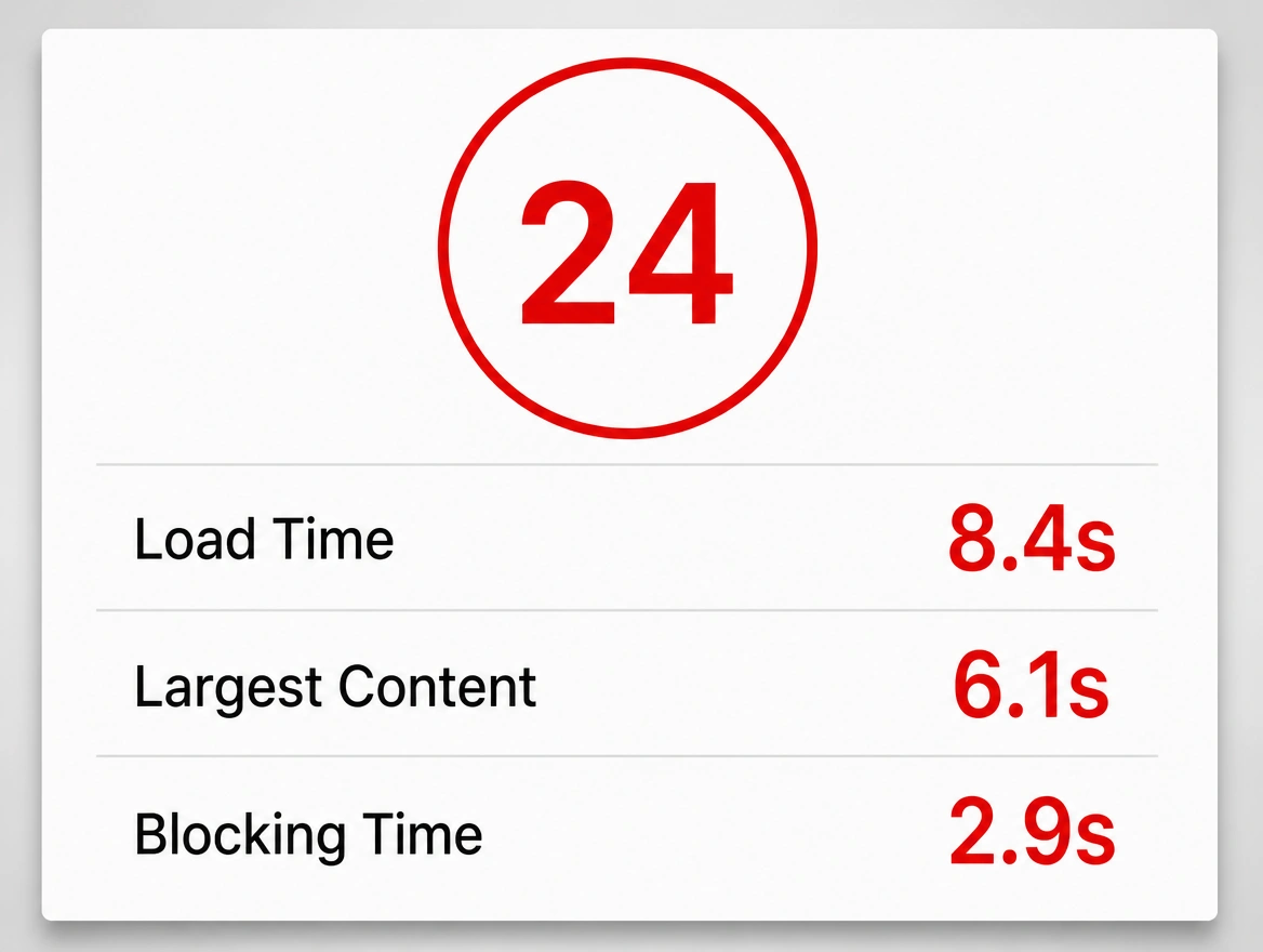 A page speed result showing a failing score of 24 in red