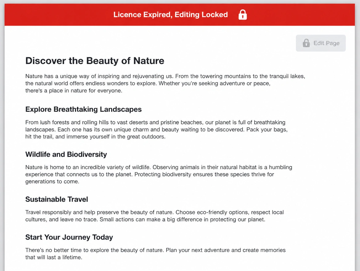 A page editor locked behind an expired builder licence