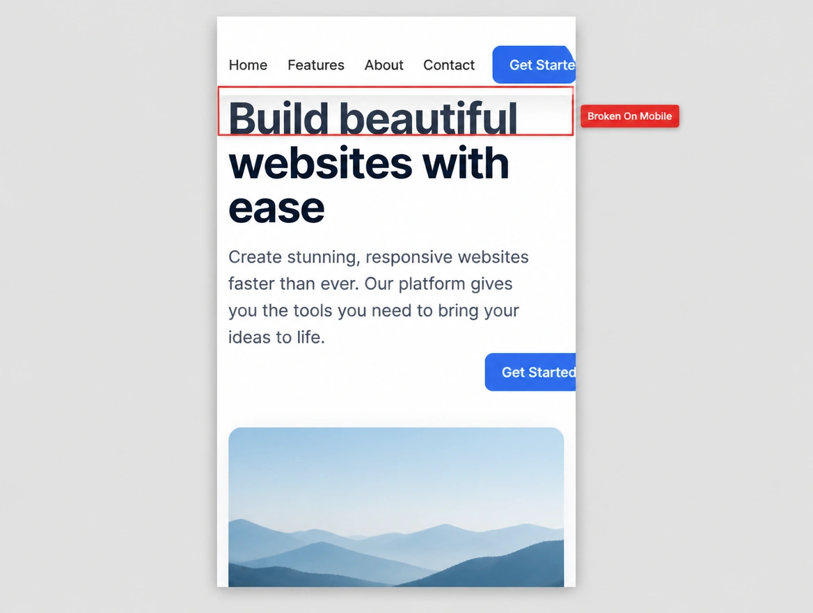 A website page squeezed to phone width with text overlapping the navigation