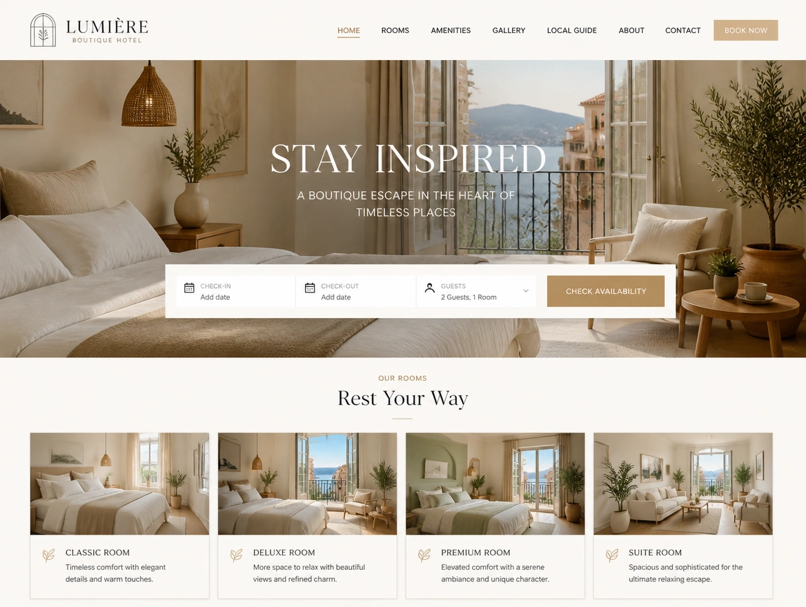 A boutique hotel website homepage with a room booking search bar