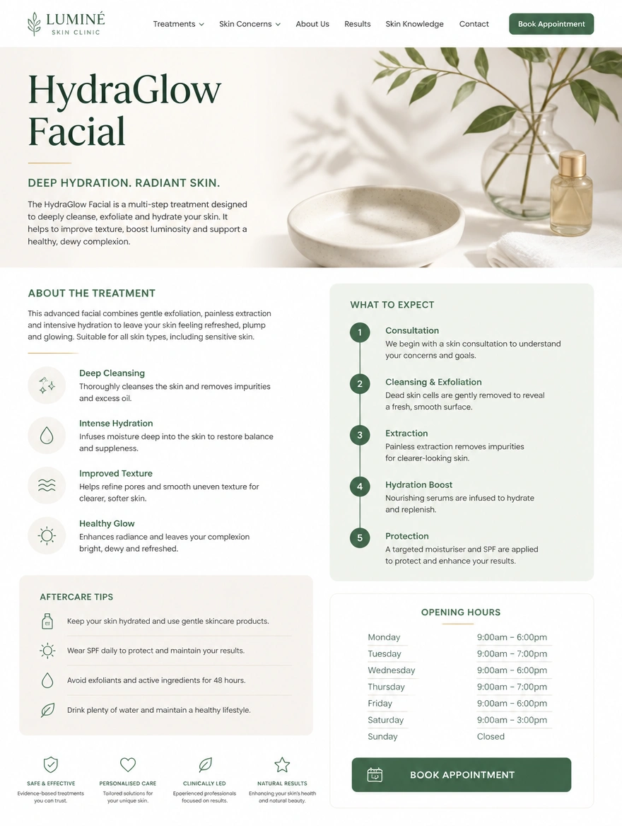 A skincare clinic treatment page with a booking button and opening hours