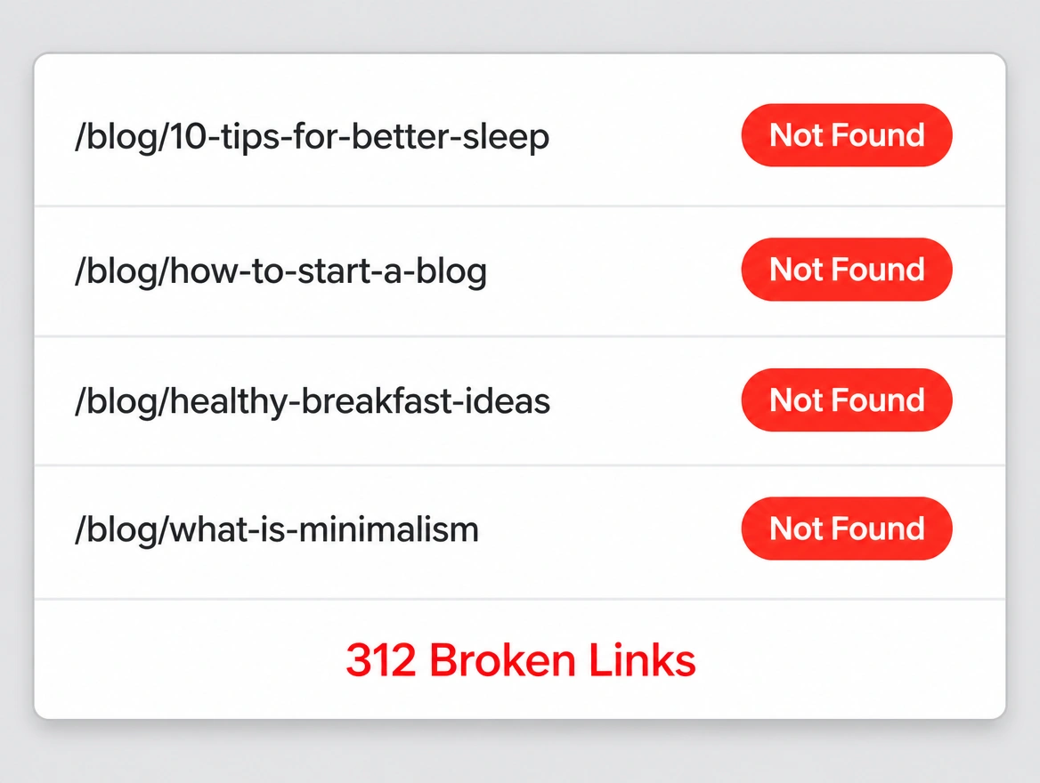 A list of old blog addresses each marked not found in red