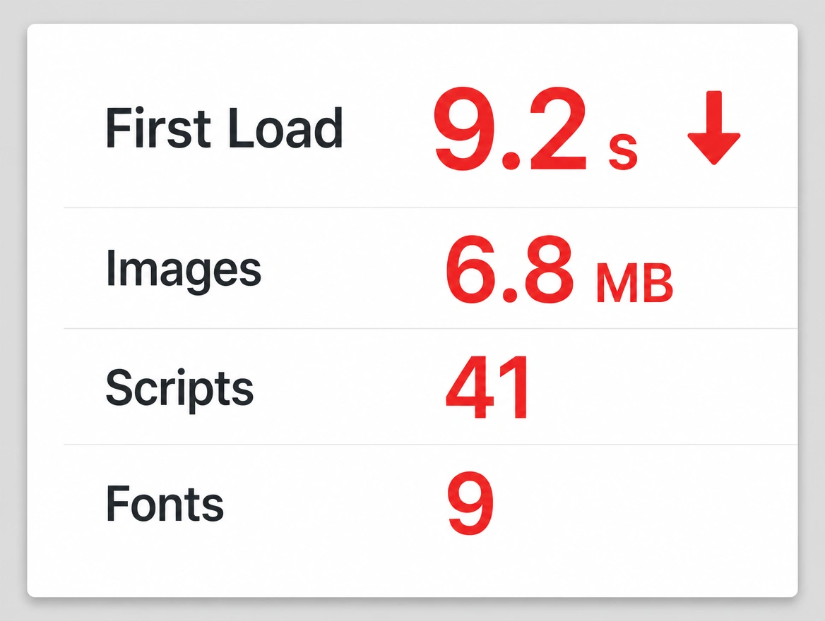 A page speed panel showing a first load time of 9.2 seconds in red