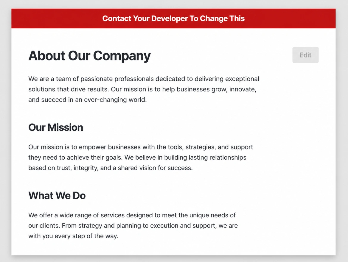 A content page with the edit button disabled and a red warning banner