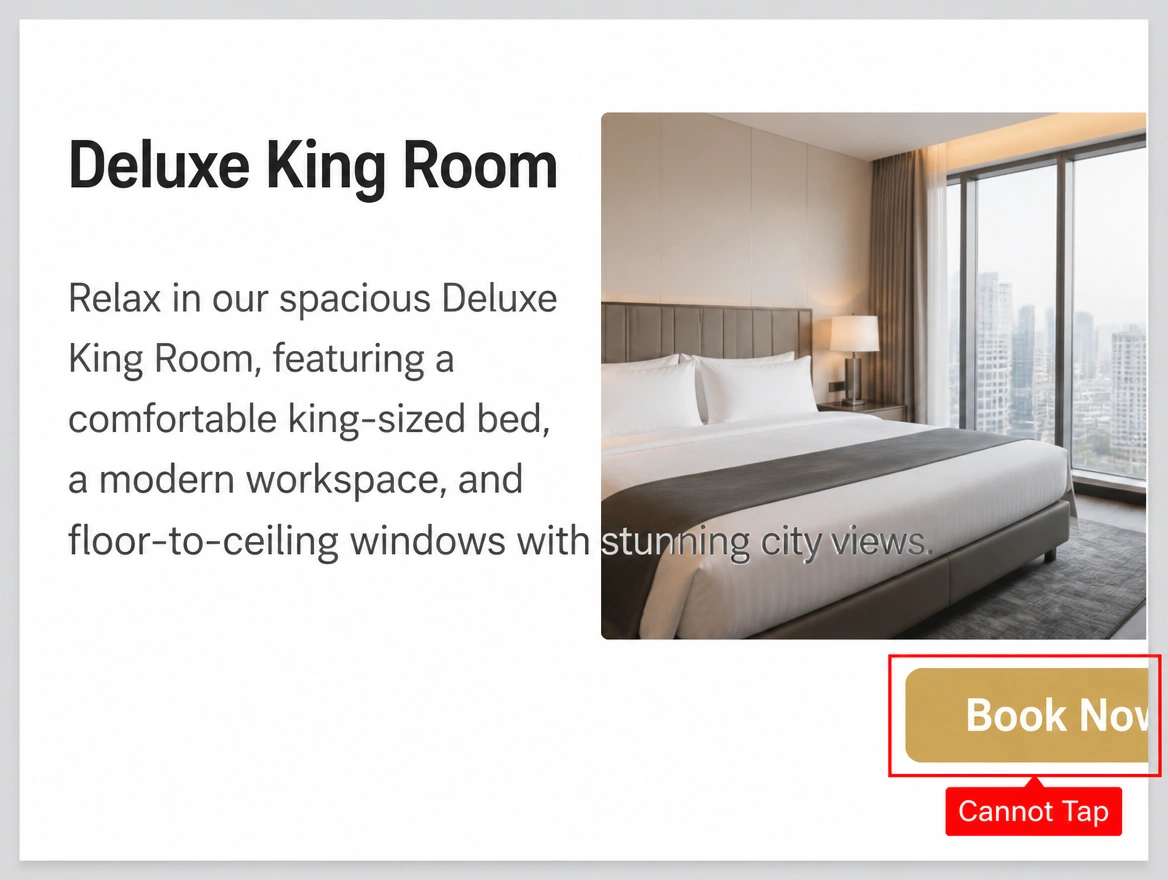 A hotel booking page at phone width with the book now button cut off