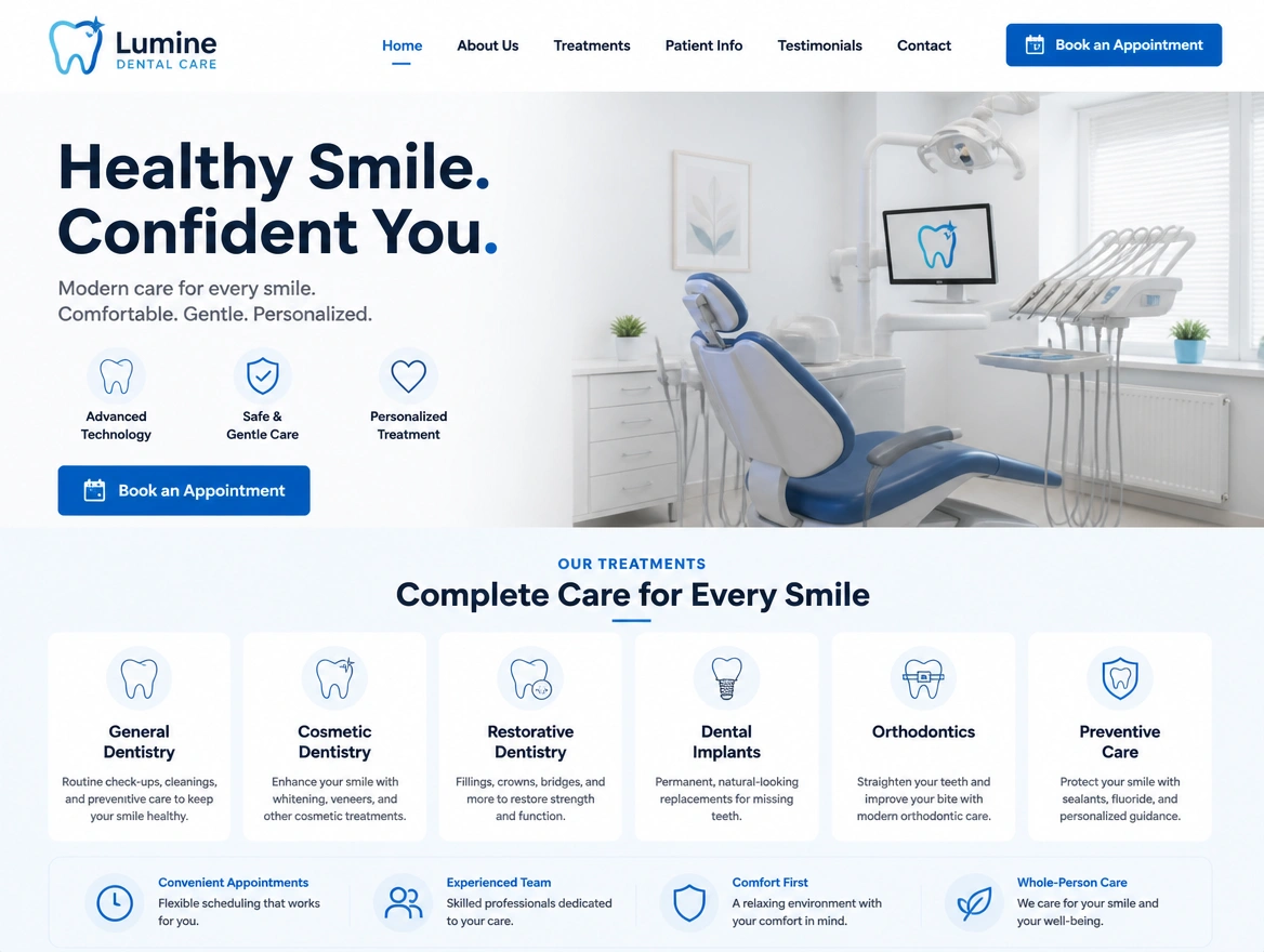 A redesigned dental clinic homepage with treatment sections and a book an appointment button