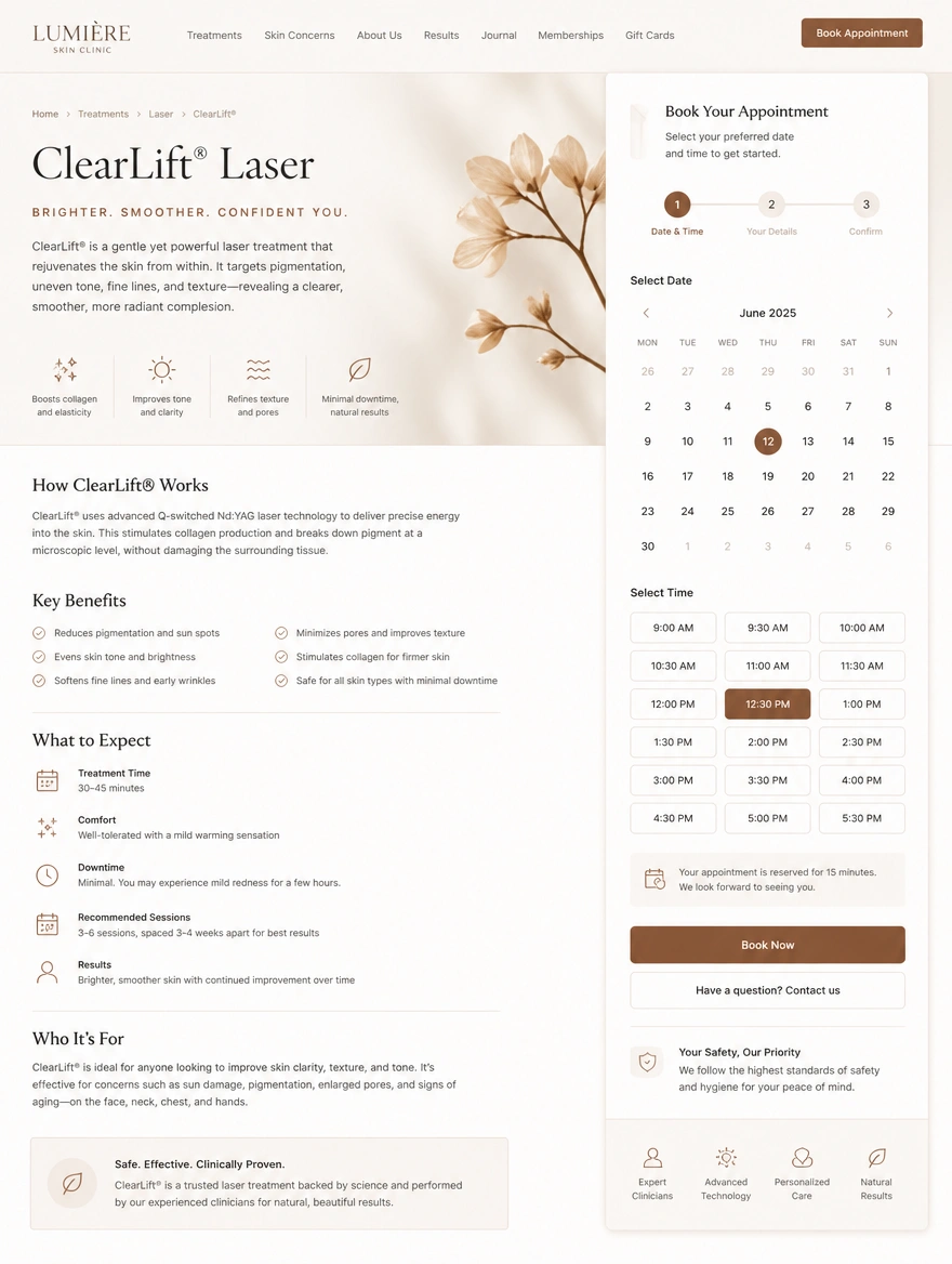 A skincare clinic treatment page with a booking panel beside the treatment details