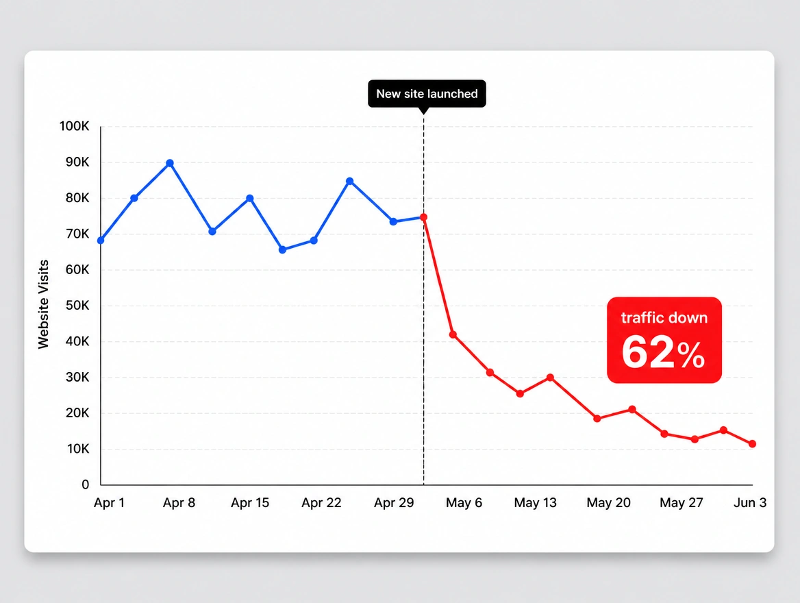 A website visits chart falling sharply after the week a new site was launched