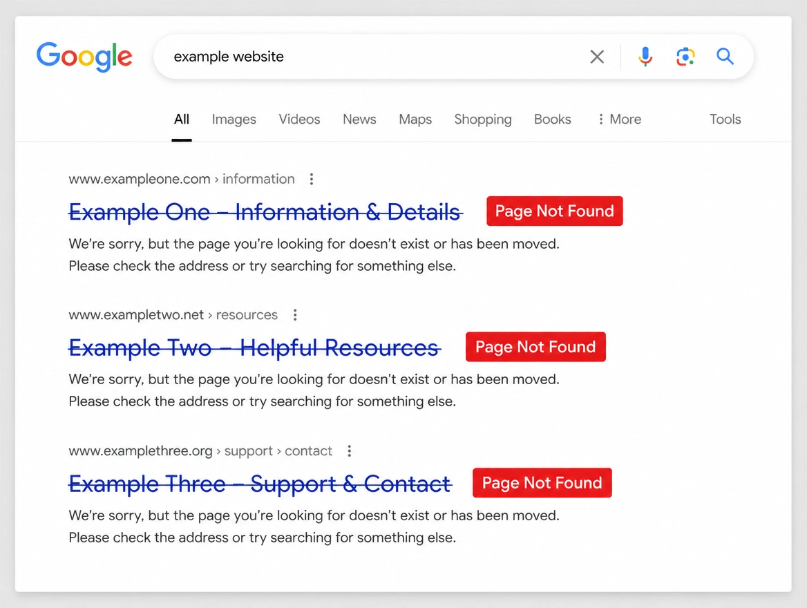 Three search results with their links struck through and marked page not found in red