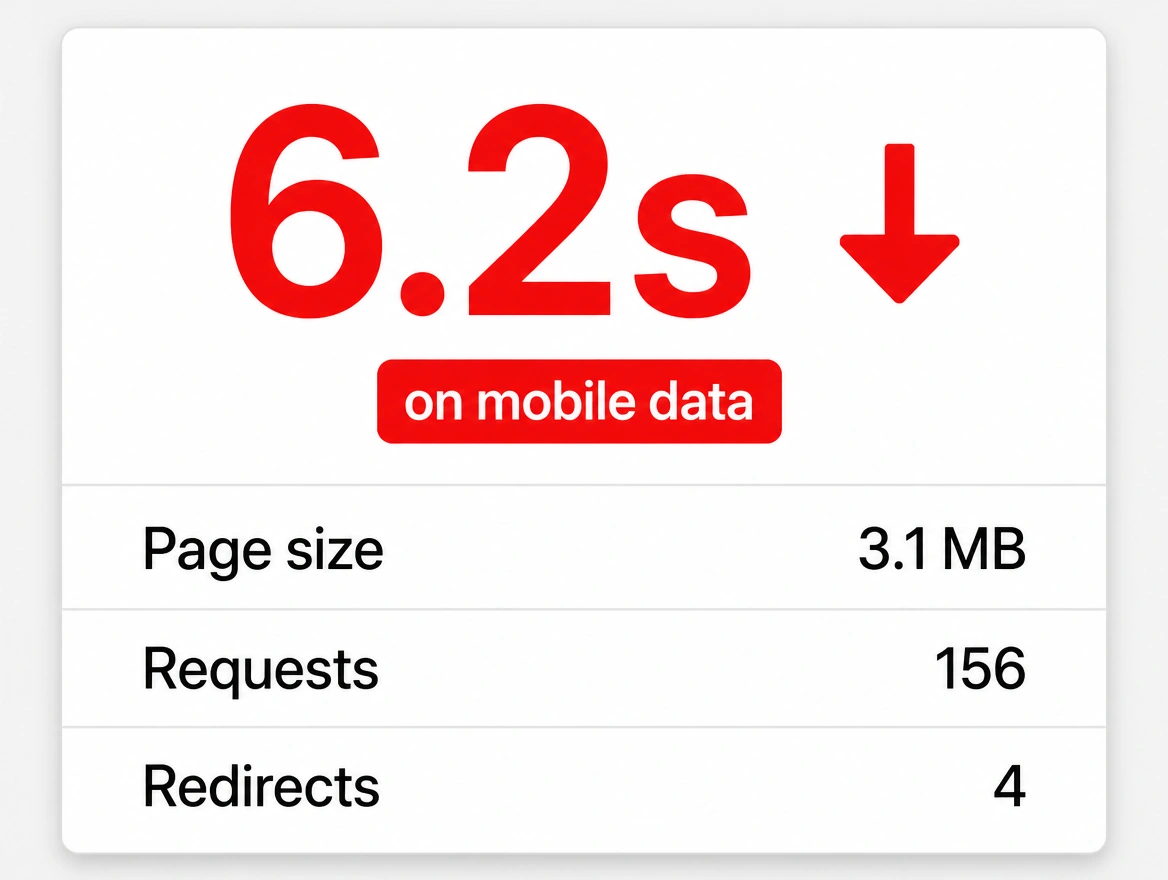 A mobile speed report showing a load time of 6.2 seconds in red