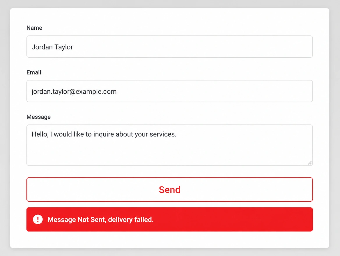 A website contact form with a red message not sent error under the send button