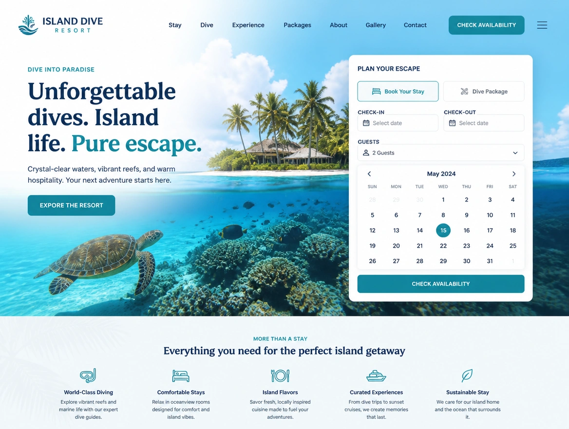 A redesigned island dive resort website homepage with a trip booking calendar