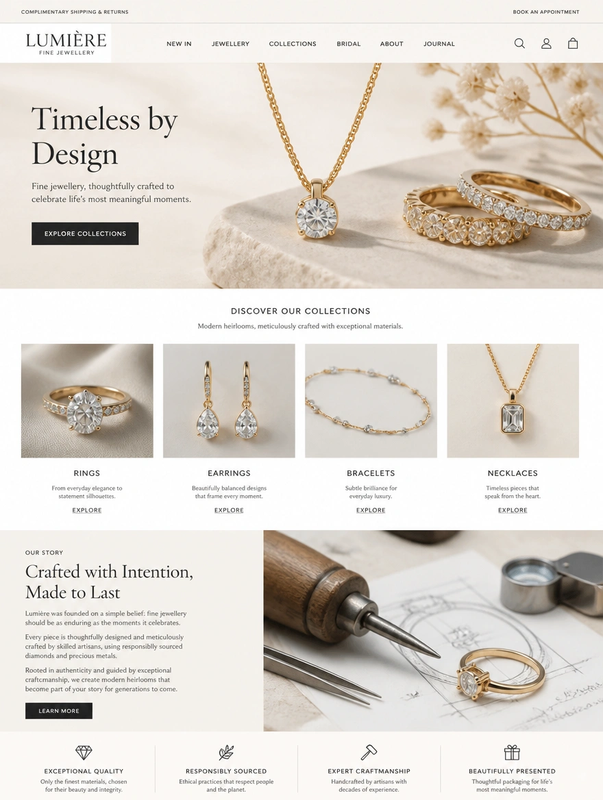 A redesigned fine jewellery boutique website homepage with a collection grid