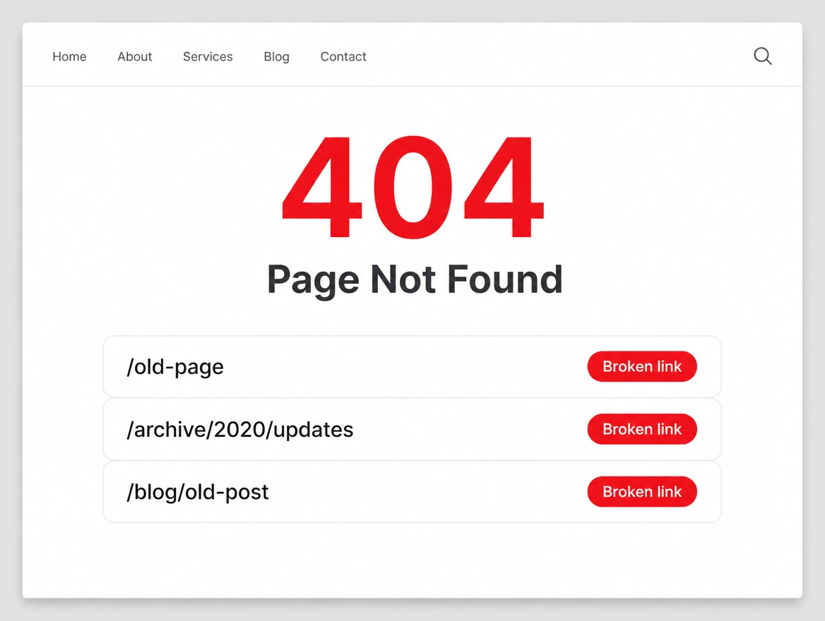 A website error page with a red 404 heading and three old links marked broken