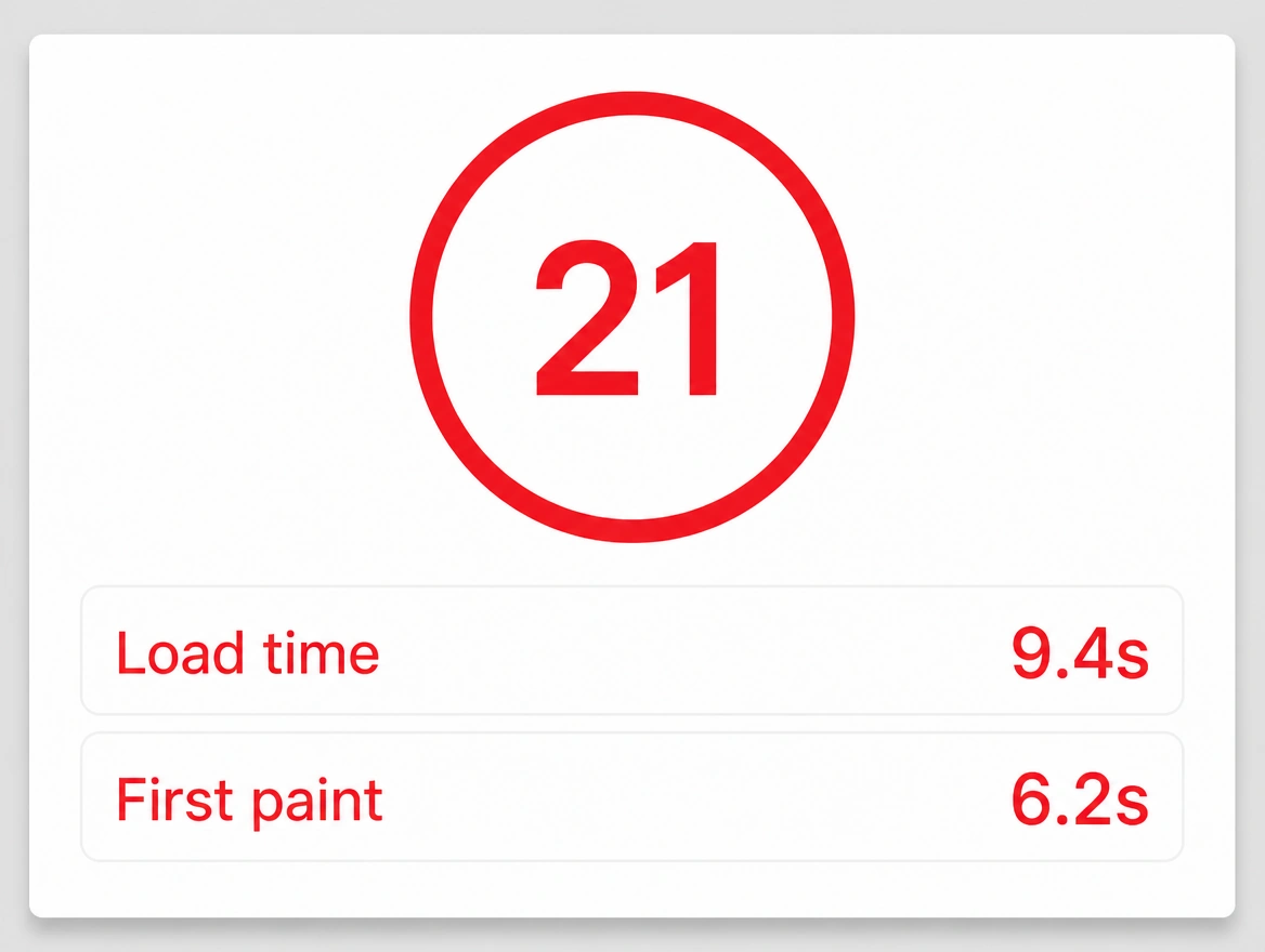 A mobile speed report with a red score of 21 and a load time of 9.4 seconds