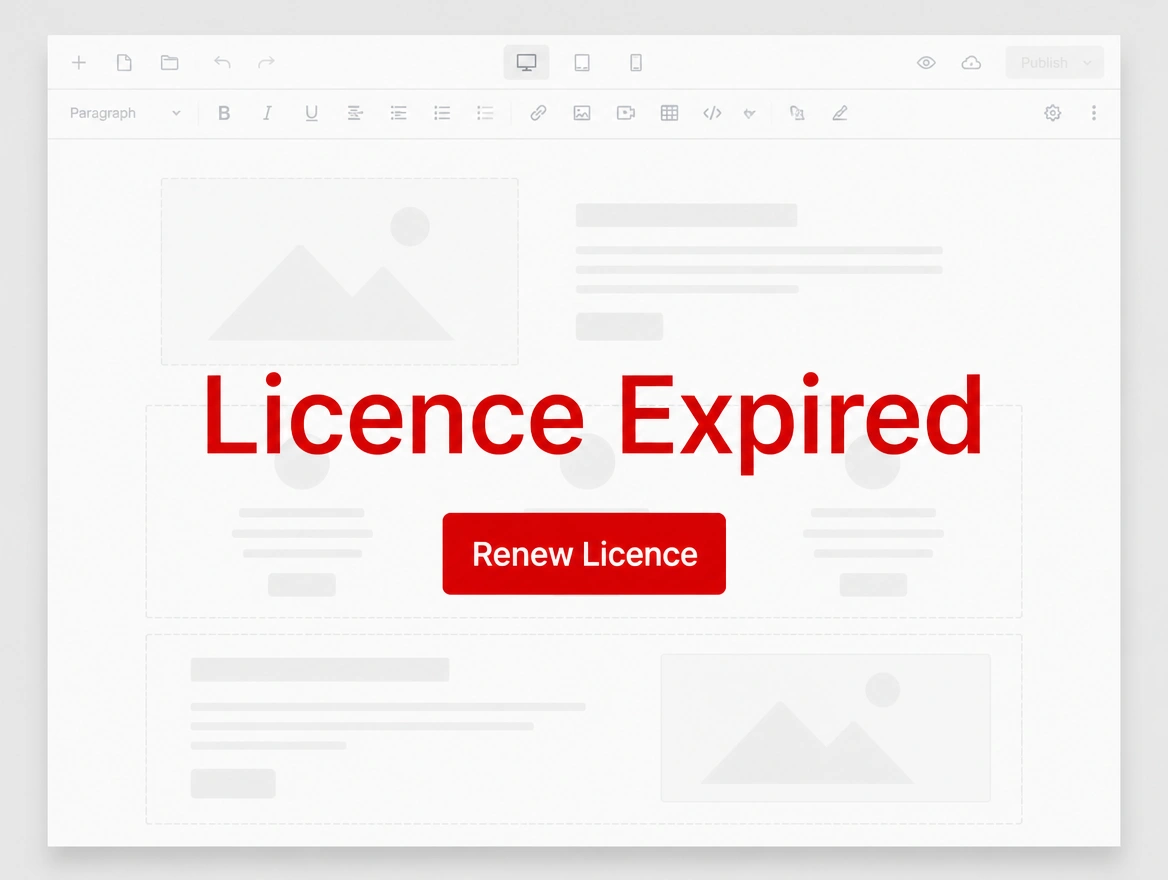 A page editor locked behind a red licence expired notice with a renew button