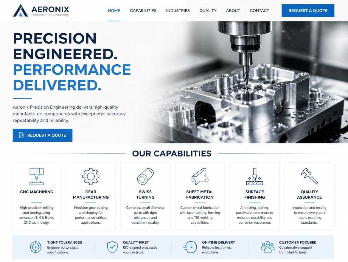 A redesigned engineering supplier homepage with capability tiles and a request a quote button