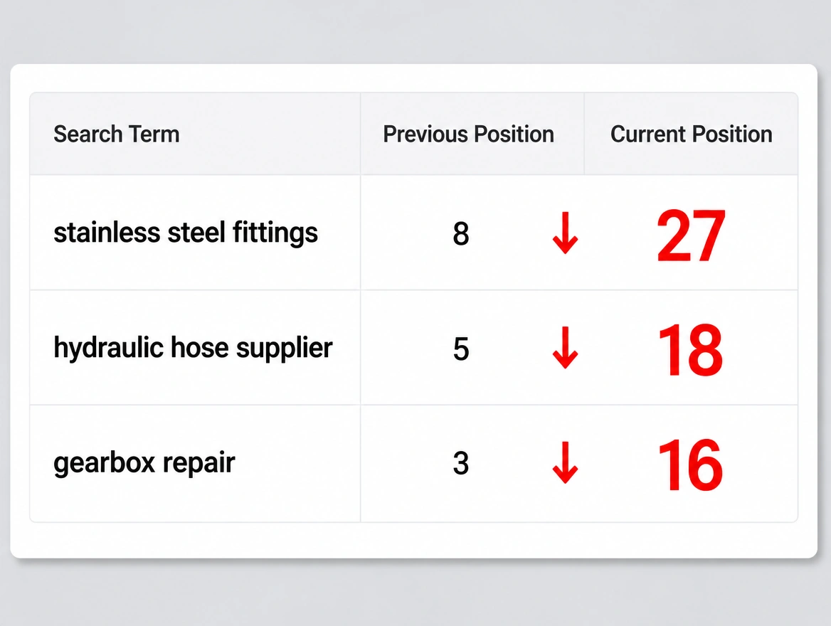 A search ranking table showing three supplier search terms falling down the results in red