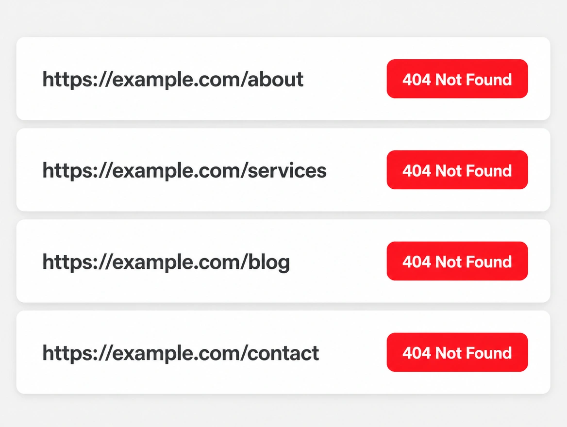 Four old website page addresses each marked with a red 404 not found label