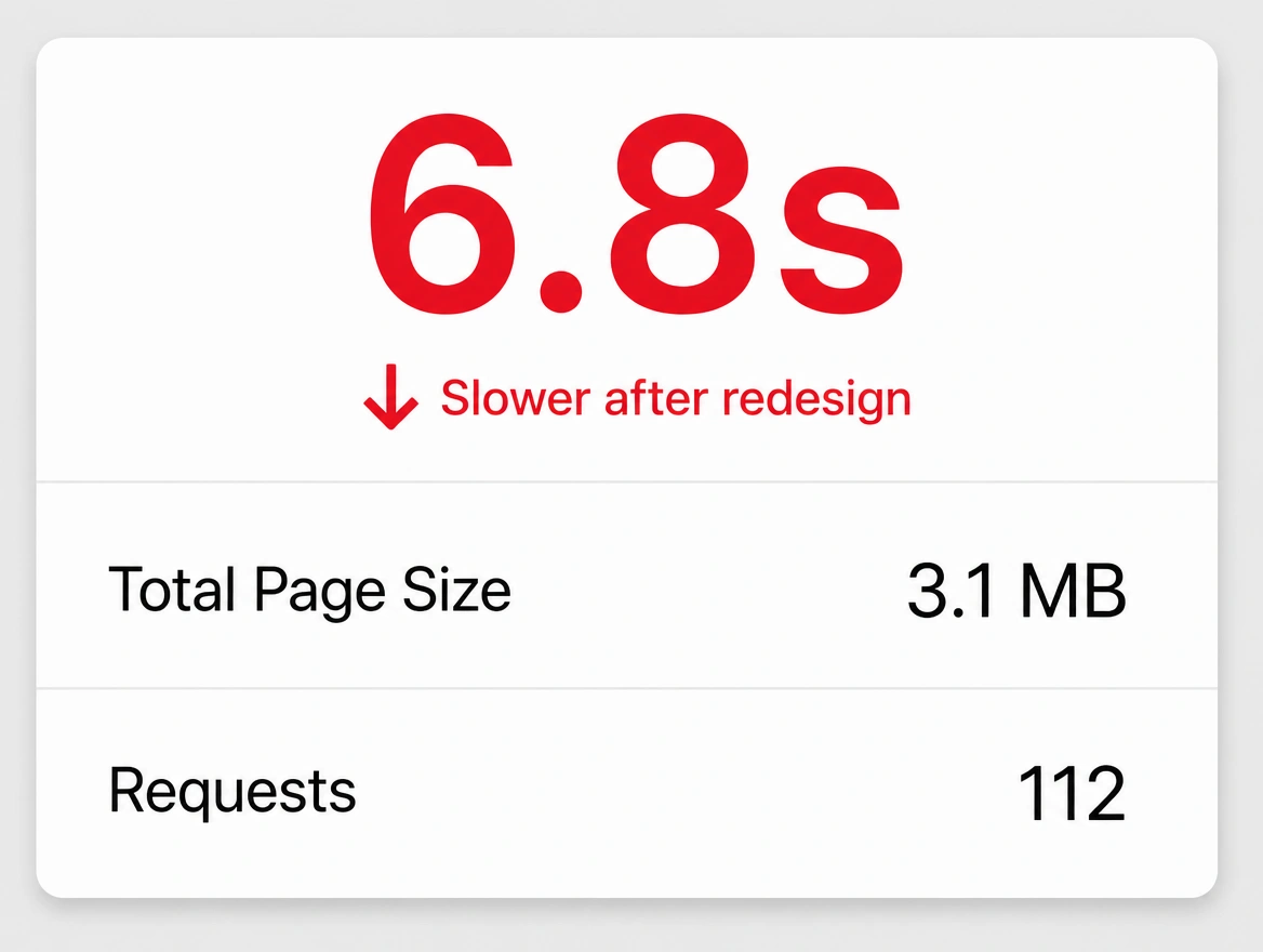 A page speed report showing a load time of 6.8 seconds in red after a redesign