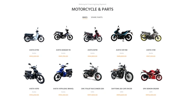 The Ban Zen Motors bike finder with brand and price filters above the motorcycle and parts tabs