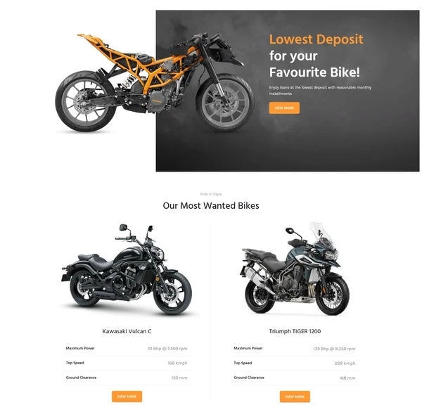The Ban Zen Motors product grid showing motorcycles with model names, makes and prices