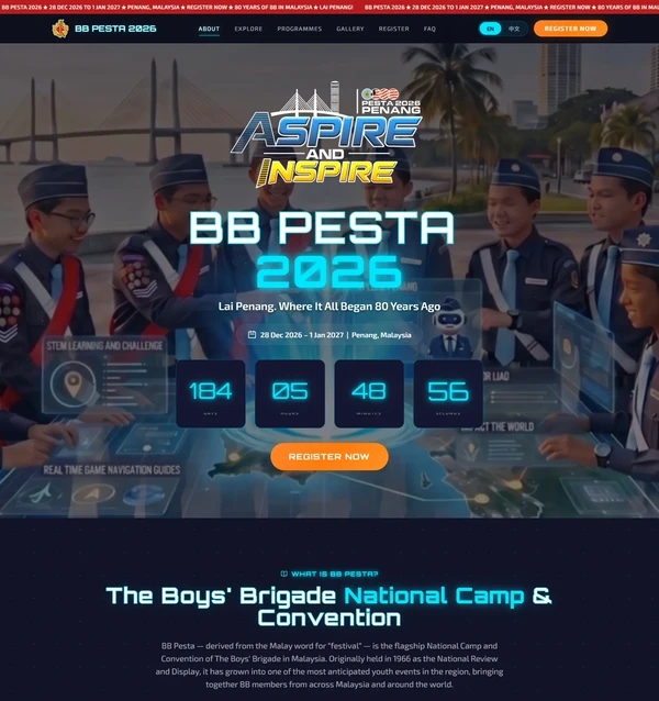 Top of the BB Pesta 2026 home page with countdown and register button