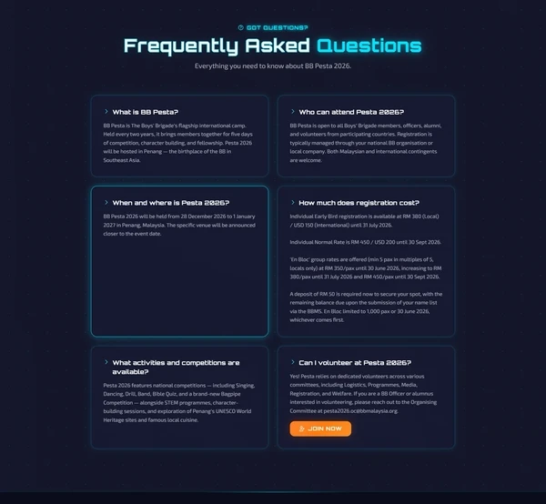 The BB Pesta 2026 questions section with six answer cards in two columns