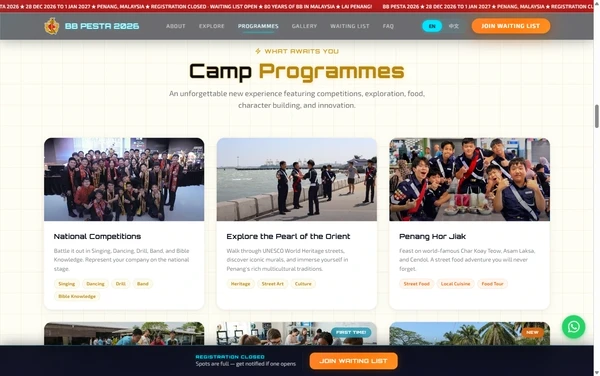 The camp programmes section of the BB Pesta 2026 site, laid out as cards