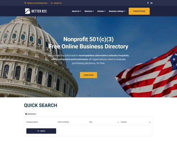 The Better B2C home page: the nonprofit directory headline and the quick search panel
