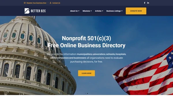 The Better B2C home page stating it is a nonprofit free online business directory