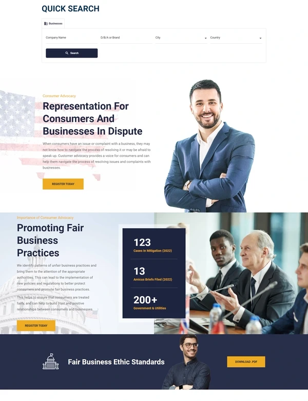 The Better B2C quick search panel with company name, brand, city and country fields