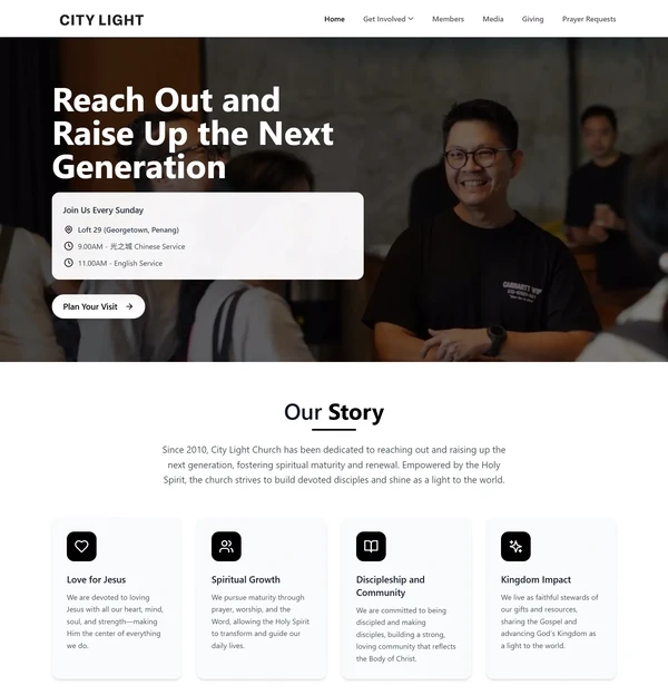 City Light Church home page hero with service times and four value cards