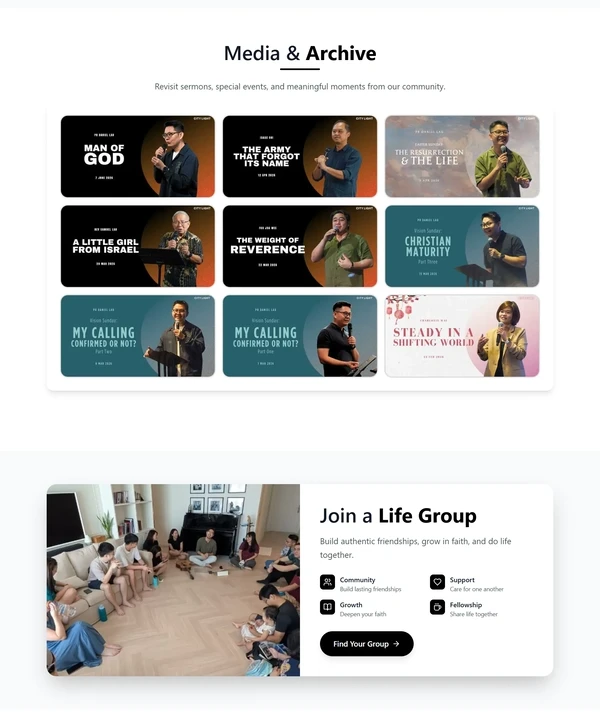 City Light Church sermon archive of nine talks above a life group section