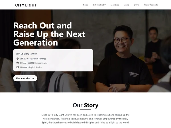 The City Light Church home page showing service times and the address in a card on the first screen