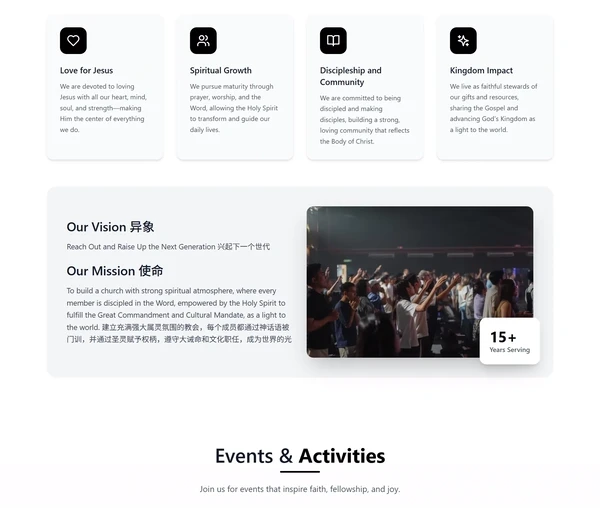 The four belief cards on the City Light Church website with the vision and mission underneath