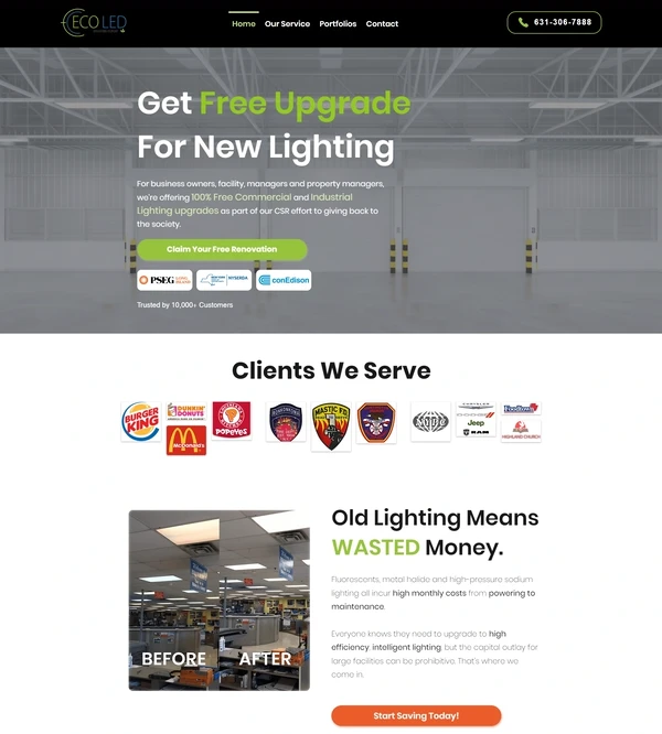 The top of the ECOLEDCO page: the free upgrade offer, the clients served and the wasted money section